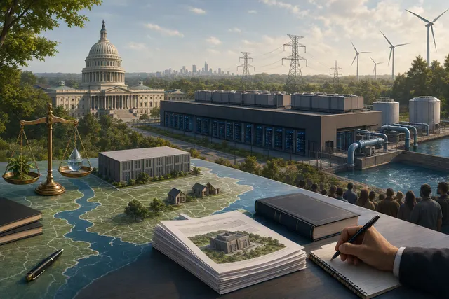 Illustration of a large data center alongside power, water and community planning infrastructure