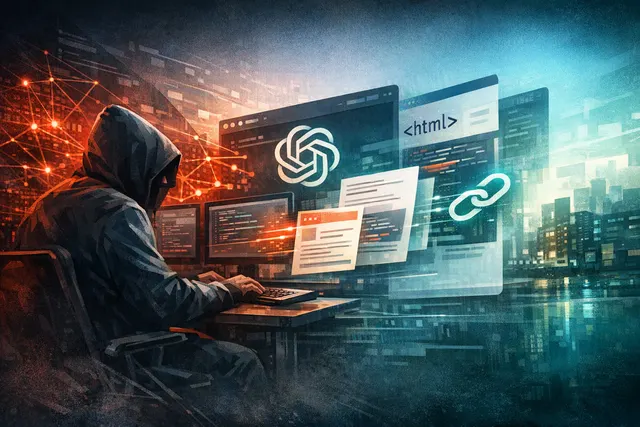 Illustration of a malicious threat actor weaponizing ChatGPT's share feature with a fake outage page and credential-stealing malware targeting Windows and macOS users