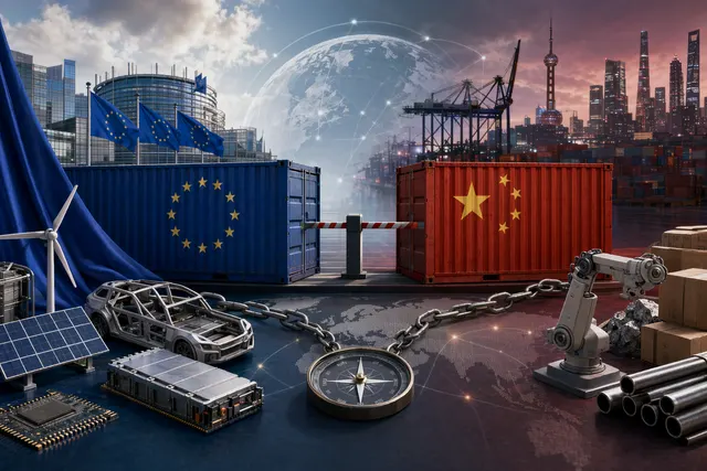 Conceptual illustration of rising EU–China trade tensions involving technology, industry, and supply chains