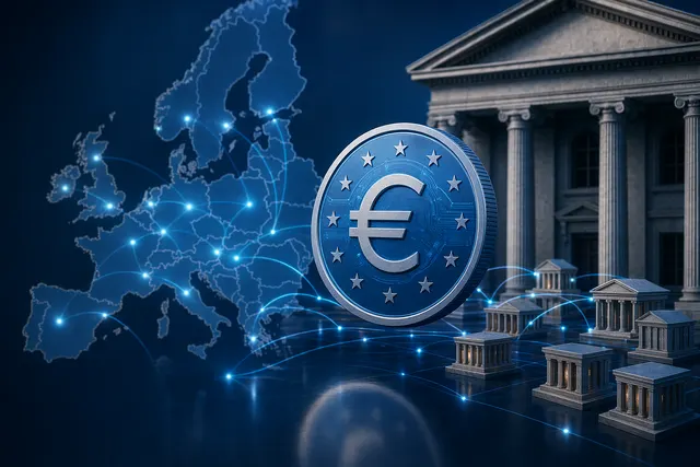 Concept illustration of a euro‑backed stablecoin network linking European banks