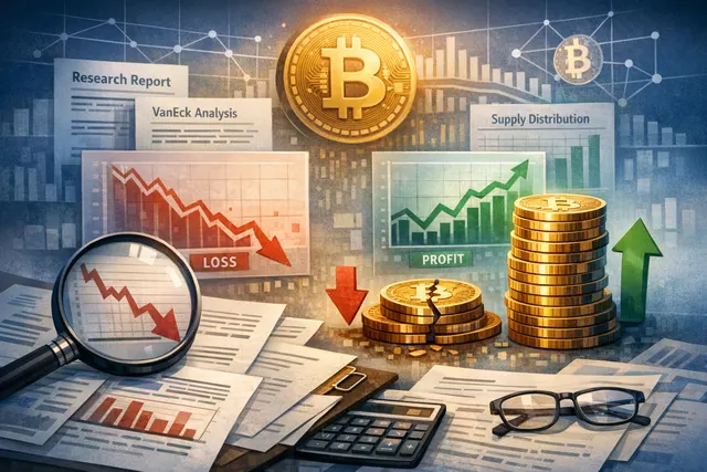 Bitcoin price chart with on-chain capitulation metrics overlay showing realized profit/loss ratio declining and supply in profit vs. loss crossover