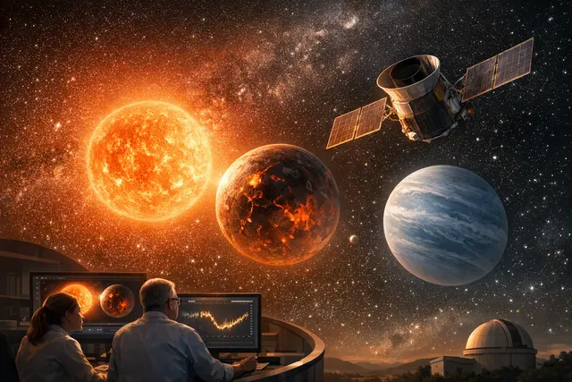 Illustration of the TOI-1752 planetary system showing a lava-hot inner super-Earth and a larger outer sub-Neptune orbiting a red dwarf