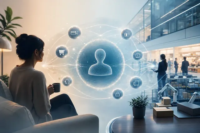 Illustration representing a personal AI agent connecting a user with an online business