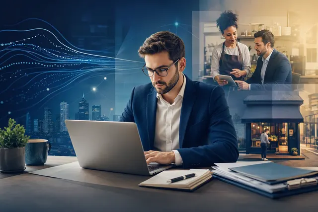 AI-generated editorial illustration accompanying an article about Crux Analytics and small-business banking