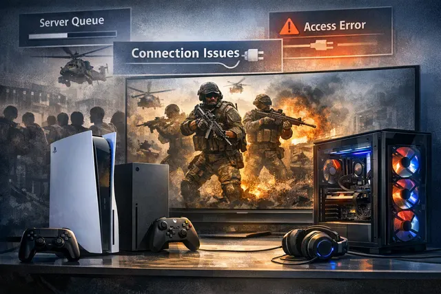 Editorial illustration of the Modern Warfare 4 beta launch across PS5, Xbox Series X|S, PC, and Nintendo Switch 2