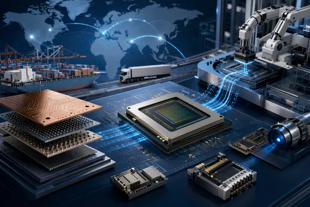 AI-generated illustration of semiconductor components and an AI chip manufacturing supply chain