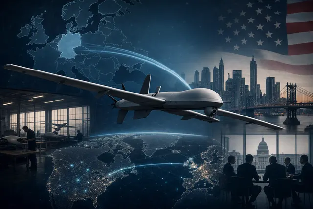 Editorial illustration of a drone and transatlantic defense-market connections