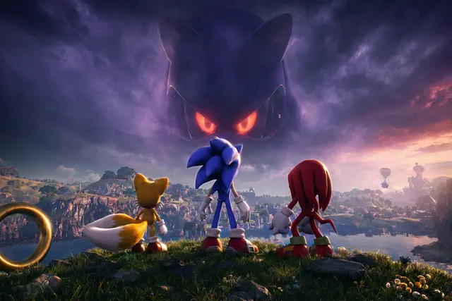 Illustrative artwork evoking glowing red eyes and a mysterious Sonic rival