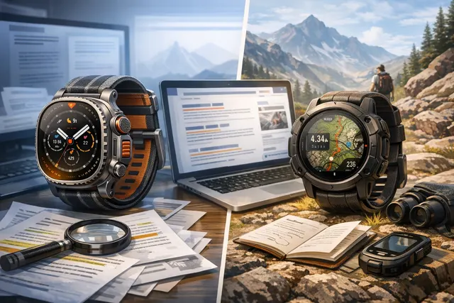 Digital illustration showing both the Samsung Galaxy Watch Ultra 2 and a minimalist Garmin Cirqa band, representing two distinct wearable philosophies for July 2026.