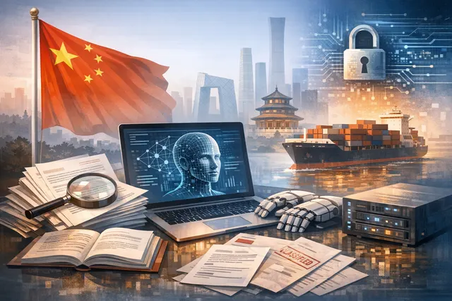 Abstract visualization of China and US flags connected by a network of data nodes, chips, and AI model weight files, representing the escalating AI export control tensions between