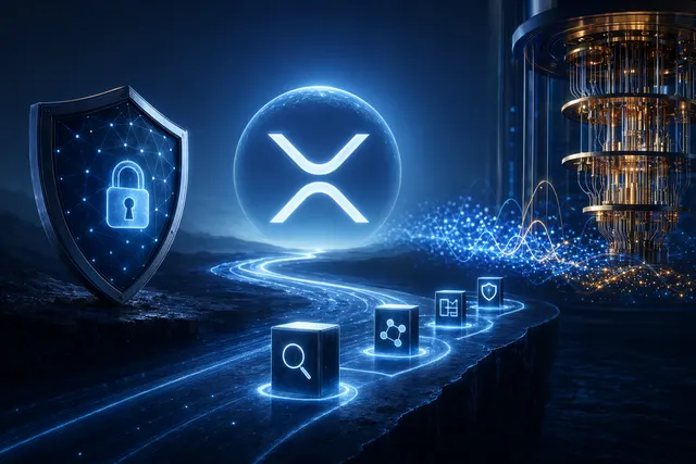 Concept illustration of the XRP Ledger being secured against quantum computing threats