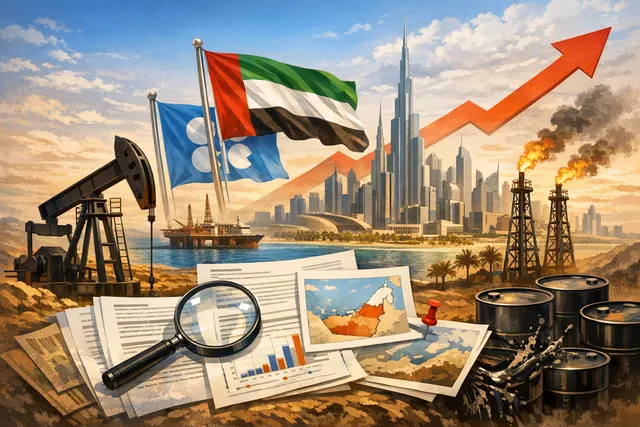 An oil pump jack silhouetted against a setting sun over a desert landscape, representing the UAE's surge in crude oil production after leaving OPEC.