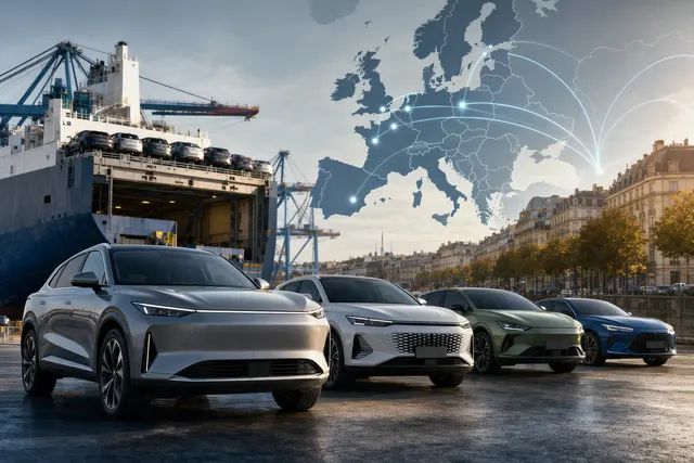 AI-generated illustration accompanying an article about Chinese carmakers and Europe’s hybrid-car market