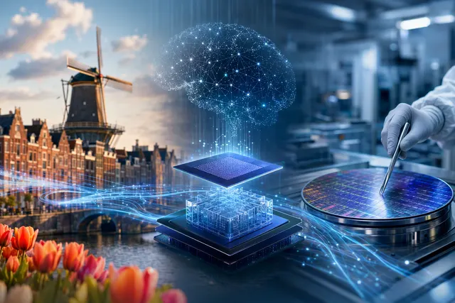 AI-generated editorial illustration accompanying an article about Samsung’s investment in Euclyd’s AI inference hardware