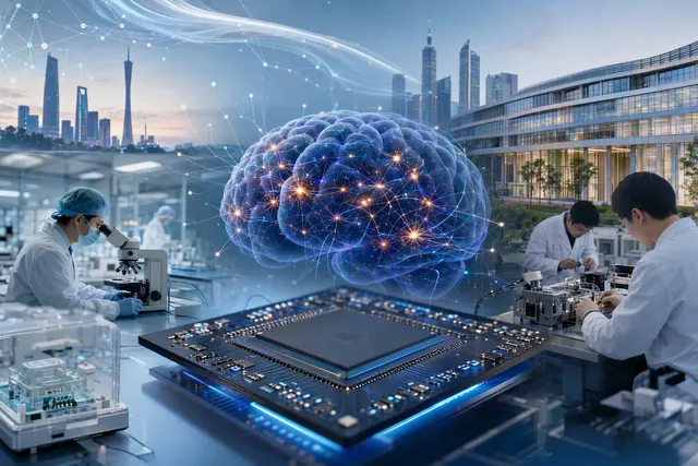 Illustration of a neuromorphic chip processing medical biosignal spikes