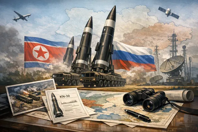 Illustration of a North Korean KN-30 ballistic missile and launcher in Russia near a map of Ukraine