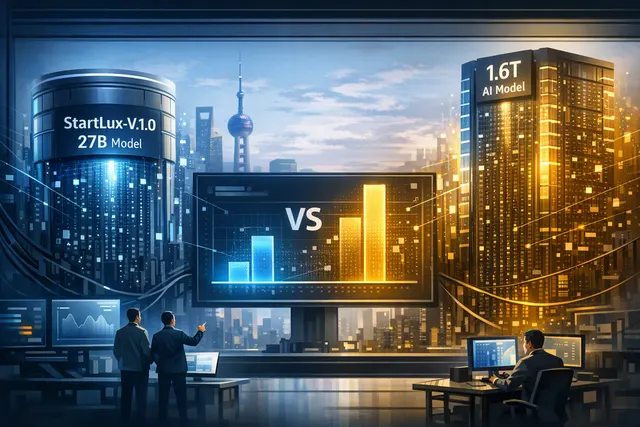 Abstract illustration of a compact AI model competing with much larger models in an agent benchmark
