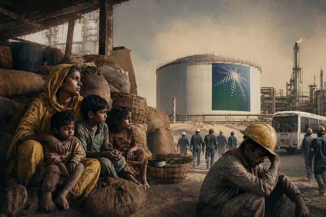Editorial illustration representing migrant workers and oil infrastructure linked to Saudi Aramco supply chain allegations