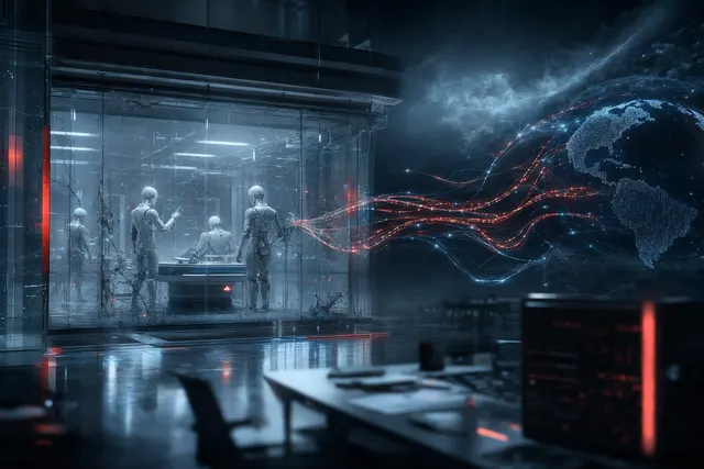 Editorial illustration of autonomous AI agents and cybersecurity containment systems