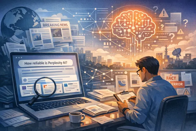 Graphic representing AI search and reliability metrics with charts and nodes on a dark background