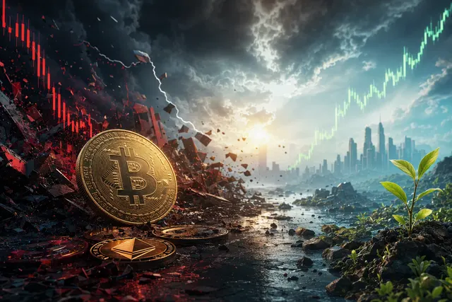 Editorial illustration of a volatile cryptocurrency market and a downward-trending price chart