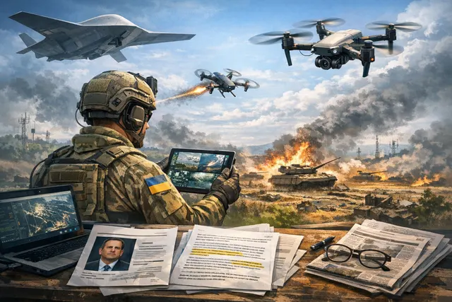 AI-generated conceptual image of a drone swarm over a battlefield, representing Ukraine's AI-powered unmanned systems reshaping frontline combat in 2026