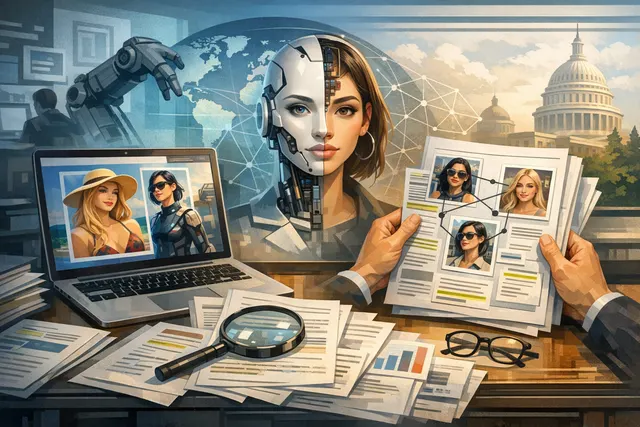 Abstract digital art of a human silhouette dissolving into pixelated AI-generated faces, representing the hidden use of AI influencers in brand marketing.