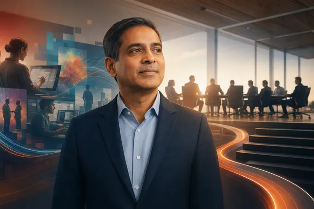 Illustration representing Adobe’s CEO succession and artificial intelligence strategy