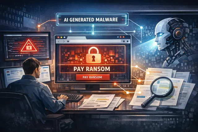 Conceptual illustration of a browser window with malware code, representing browser-only ransomware generated by DeepSeek.