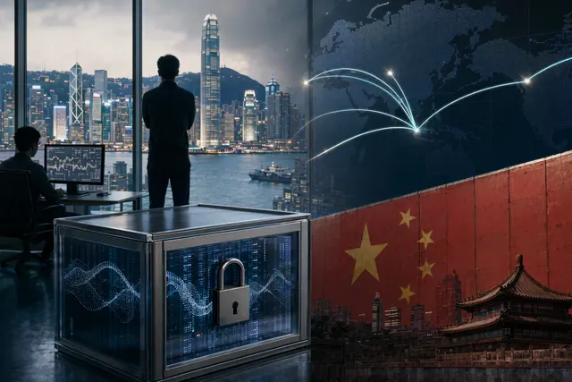 Illustration representing financial firms relocating quantitative research roles from Hong Kong amid data security concerns