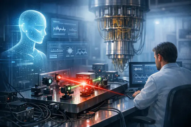 Abstract illustration of an AI agent monitoring laser controls in a neutral-atom quantum computer