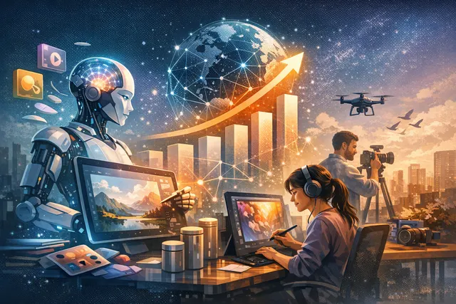 Abstract illustration representing AI-driven content creation, digital workflows, and the balance between automation and human creative judgment