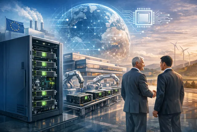 Editorial illustration representing the Bull and Foxconn collaboration to produce NVIDIA Vera Rubin NVL72 AI infrastructure in Europe.