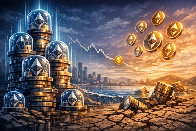 Conceptual illustration of Ethereum's proof-of-stake network: a large glowing ETH diamond locked inside a digital vault, surrounded by floating supply chain nodes and a price chart