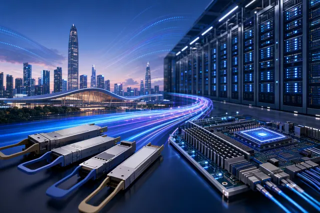 Illustration of high-speed optical interconnects for AI data centers