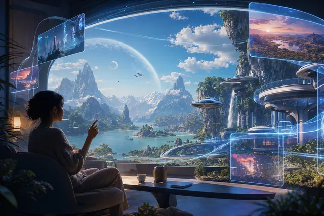 Illustrative AI-generated visualization of a user exploring a continuous digital world