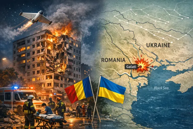 Aftermath of a Russian Geran-2 drone strike on a high-rise apartment building in Galați, Romania, with emergency vehicles responding at night