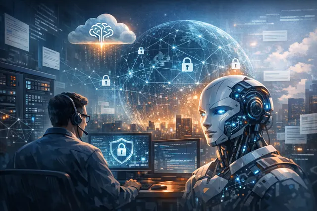 AI-generated abstract visual representing IBM and OpenAI's joint enterprise security service, with digital shields, code, and network connections symbolizing AI-powered vulnerabili