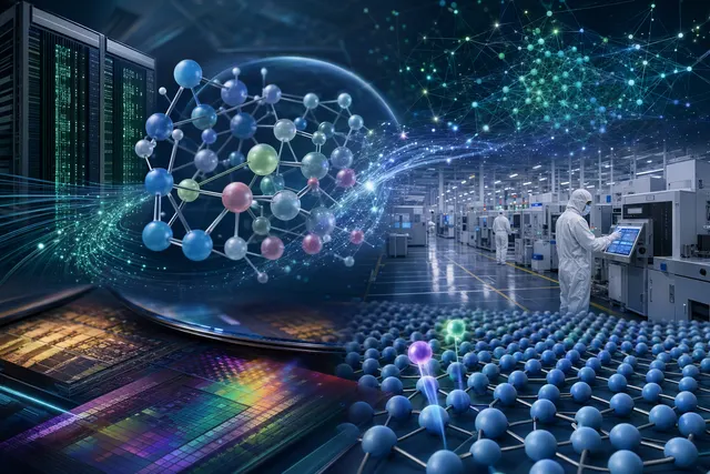 Editorial illustration of atomic-scale simulation and AI-assisted semiconductor manufacturing
