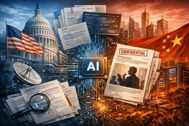 Editorial illustration representing the U.S.-China AI compute gap and semiconductor export controls, with visual motifs of data centers, GPU clusters, and geopolitical tension.