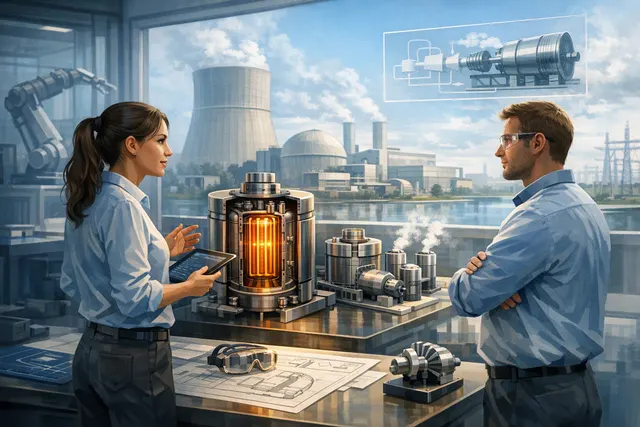 Editorial illustration of a compact nuclear steam generator beside a reactor system