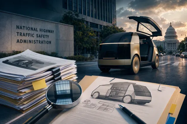 Editorial illustration of a steering-wheel-free Tesla Cybercab and federal safety review