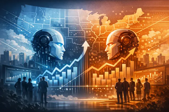 Editorial illustration of OpenAI and Anthropic competing for enterprise AI customers, with business data charts in the background