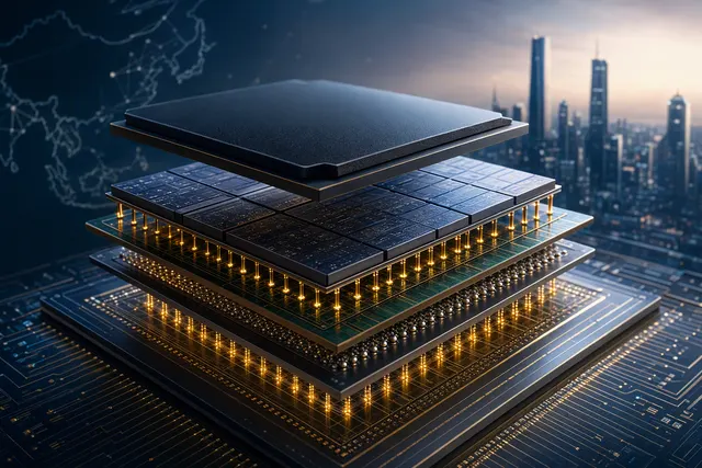 Illustration of a Huawei Kirin processor using vertically stacked silicon layers and hybrid-bond interconnects