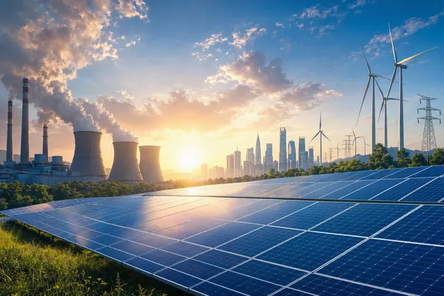 Solar panels and electricity transmission infrastructure illustrating China’s solar power expansion
