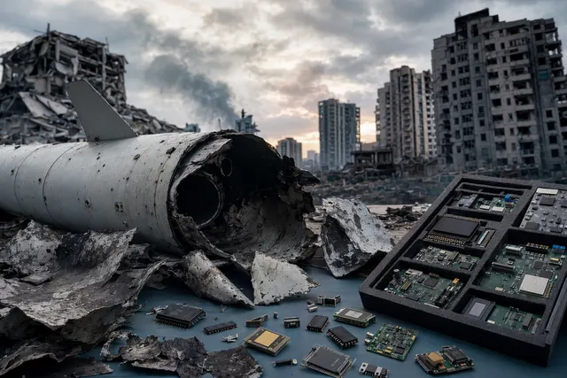 Illustration representing analysis of Russian Kh‑101 missile debris showing foreign electronic components after a Kyiv strike