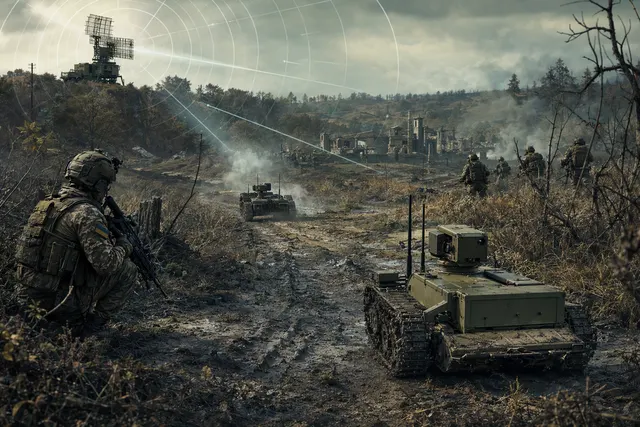 AI-generated illustration related to uncrewed ground vehicles in Operation Vivaldi; not documentary battlefield imagery.