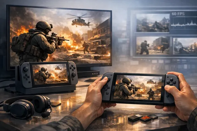 Editorial illustration representing Call of Duty Modern Warfare 4 gameplay on Nintendo Switch 2