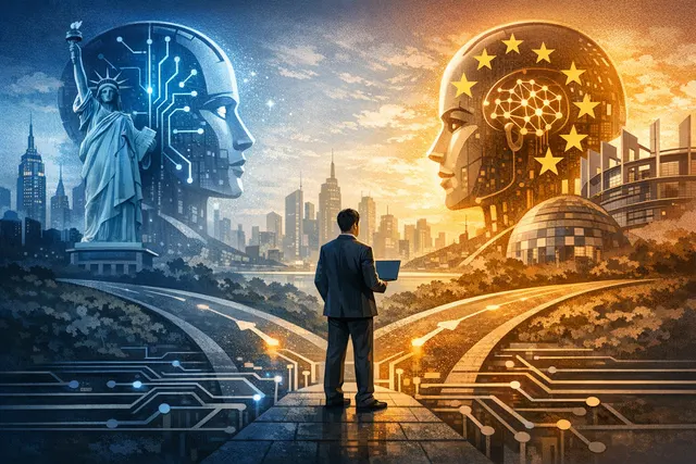Silhouette of a digital Asian map splitting between American and European regulatory symbols, illustrating the costly paradox of divergent AI rules.