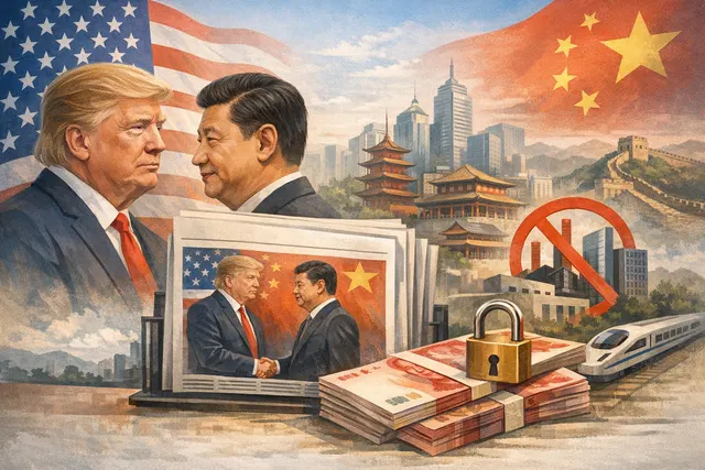 China's new trade decrees and the U.S.-China Board of Trade sign a shift to managed trade, with a backdrop of U.S. and Chinese flags and global supply chains.